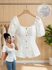 SHEIN Elenzya Camicia estiva casual con ricamo floreale a tinta unita - Bianco - Visualizzare 3