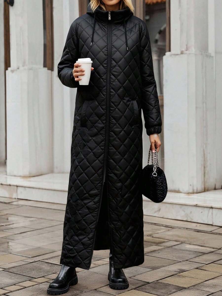 EURMUSE Women Quilted Brown Zipper And Button Detailed Winter Coat Fleece - Black - View 1