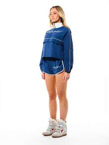 BABYPHAT Half Zip Cropped Windbreaker Jacket With Script Text White Piping Retro Sporty Style - Royal Blue - View 6