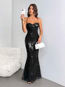 SHEIN Tall Đầm dạ hội dài thướt tha, dây mảnh, dáng đuôi cá, màu đen, thích hợp cho tiệc tùng, sự kiện trang trọng, dạ tiệc, ngày lễ, Halloween, Giáng sinh, mùa đông, trang phục mùa thu, trang phục Halloween, đầm dự tiệc Giáng sinh, đầm năm mới, đầm thanh lịch, đầm dự đám cưới, đầm đính sequin, đầm đen. - màu đen - Xem 4