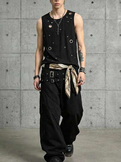 ROMWE MEN Grunge Punk Men's Knitted Eyelet Design Crew Neck Casual Tank Top