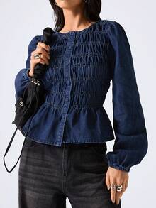 LYSMO 2026 New Arrive Minimalism Spring/Summer Women's Fashion Button-Up Long Sleeve Denim Top Navy Blue - Blue - View 4