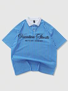 ROMWE MEN Essentials Men's Vacation Printed Short Sleeve Polo Shirt, Suitable For Spring And Summer - Blue - View 3