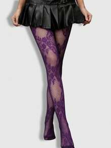 ROMWE Goth Quần tất lưới xuyên thấu họa tiết hoa, co giãn cao, gợi cảm, phù hợp cho nữ mặc hàng ngày. - Màu tím - Xem 1
