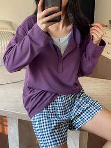 DAZY Women's Long Sleeve Top And Plaid Shorts Pajama Set - Purple - View 5