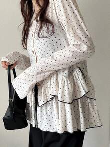 FRIFUL Women's Round Neck Metal Button Decor Hem Layered Ruffle Hem Splice Bodycon Casual T-Shirt - Beige - View 6