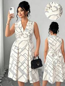 Elenzga Chic Apricot Woven Fabric Plus Size Sleeveless Dress Featuring Plaid Pattern Lapel Neck And Flared Hem - Apricot - View 1
