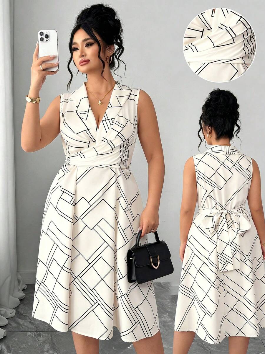 Elenzga Chic Apricot Woven Fabric Plus Size Sleeveless Dress Featuring Plaid Pattern Lapel Neck And Flared Hem - Apricot - View 1