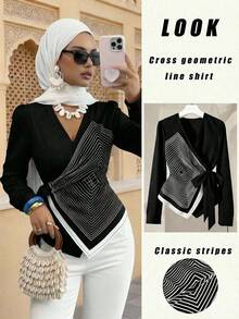 Elenzga 优雅 V 领数码印花几何线条图案长袖不对称下摆系带蝴蝶结衬衫 - 黑色 - 查看 5