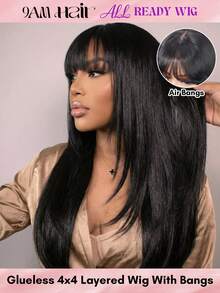 ALL READY WIG Layered Cut Silky Straight Lace Wig With Wispy Air Bangs 100% Real Remy Human Hair 4X4 Pre-Cut Lace Wear&Go Glueless Wig With Lace Framing Layers & French Fringe, 180% Density, Three-Go Beginner Friendly Glueless Human Hair Wigs For Women - Natural Black - View 1