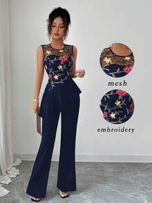 Elenzga 女士时尚休闲优雅翻领V领无袖上衣和直筒缎面长裤两件套 - 藏蓝色 - 查看 1