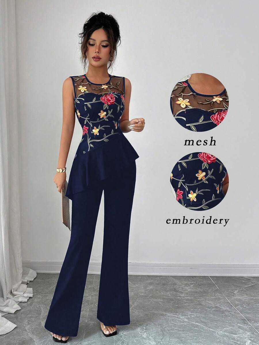 Elenzga 女士时尚休闲优雅翻领V领无袖上衣和直筒缎面长裤两件套 - 藏蓝色 - 查看 1