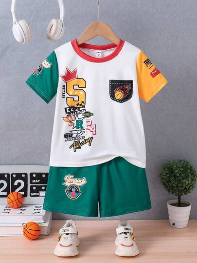 2件套幼儿男童休闲卡通字母篮球印花撞色圆领短袖T恤和短裤套装，运动服，春夏款