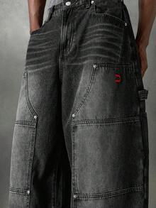 NEON BLANC Quần jeans dáng rộng, có túi, kiểu dáng thường ngày, quần thợ mộc. - Xám - Xem 4