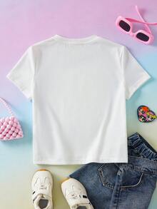 THE POWERPUFF GIRLS X SHEIN 少女圆领卡通字母印花短袖T恤，适合夏季日常穿着 - 白色 - 查看 3