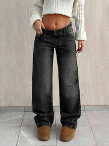 EURMUSE LOW WAIST BAGGY LOOSE STRAIGHT LEG JEAN - Dark Wash - View 4