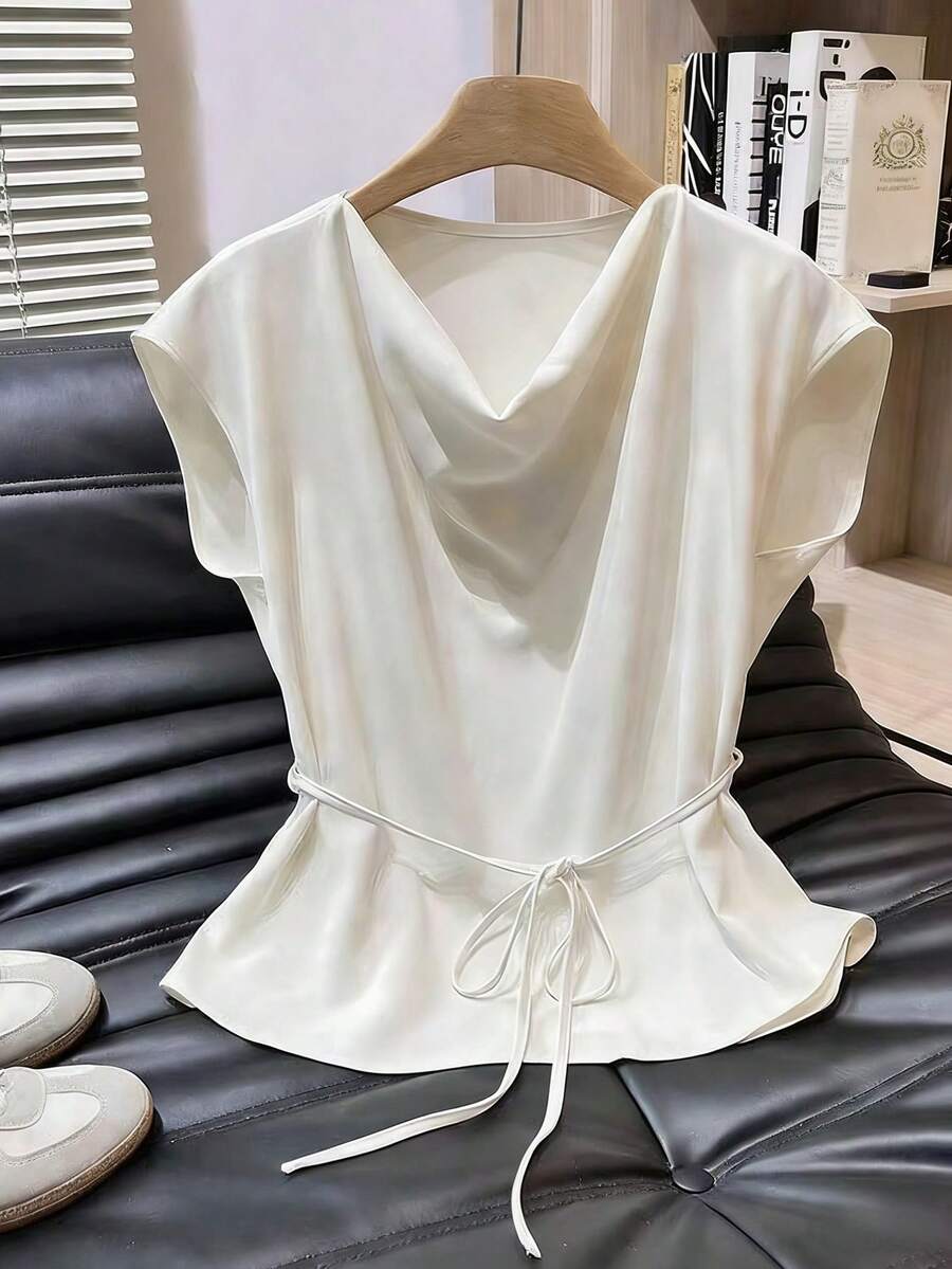 Franclia Minimalist Elegant Satin Draped Collar Sleeveless Tie-Waist Slim Design Commuting Blouse - Apricot - View 1