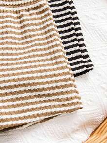 SHEIN Playful Pals 2 Sets Toddler Boys Black Khaki Horizontal Striped Textured Knit T-Shirt & Shorts Pants Outfits,Black And White Checkered,Summer,Casual,Work Clothing - Multicolor - View 9