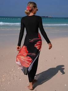Swim Shayni New Black Long Sleeve Swimwear With Red Floral Print Mesh Skirt Overlay, 2-Piece Set Modest Swim Dress Beach Long Dress Resort Wear Women Maxi Long Sleeve Dress Long Casual Dress - Multicolor - View 2
