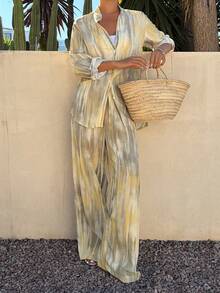 Livesso 2 piezas Conjunto de camisa con cuello de estilo teñido anudado y pantalones casuales para mujer, ideal para vacaciones de primavera - Beis - Ver 5