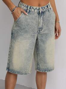 SHEIN Tall Mid-Waist Retro Washed Wide-Leg Denim Shorts - Medium Wash - View 3