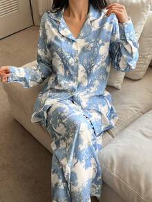 DAZY Elegant Plant Silhouette Print Cinched Waist Sleepwear Set For Women - Blue - View 6