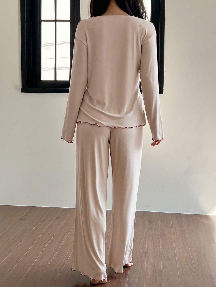 Minimalist Contrast Trim Soft Knit Women Pajama Set