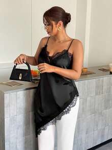 Firerie Plus Size Elegant Lace Trim Asymmetric Hem Camisole For Summer - Black - View 5