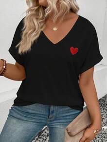 EMERY ROSE Kaos Kasual Wanita Ukuran Besar Model V-Neck Lengan Manset Motif Hati, Musim Semi/Panas - Hitam - View 6