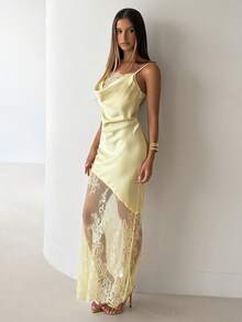 Aloruh Vestido elegante de tirantes finos con escote pronunciado, bajo de encaje transparente y parches de encaje, para mujer - Amarillo claro - Ver 6