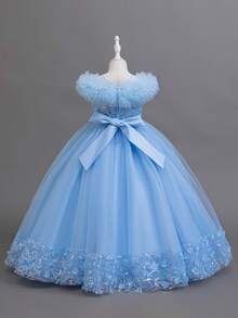 Glamorique Kids Tween Girl Tulle Applique Ruffle Elegant Party Dress - Blue - View 2