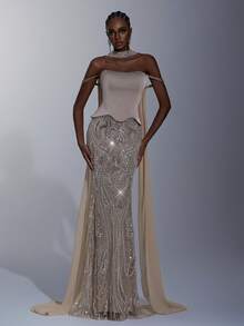 Elitara Petite Petite Elegant Luxurious Beaded Sequin Floral Mermaid Hem Dress Elastic Satin For Evening - Khaki - View 4