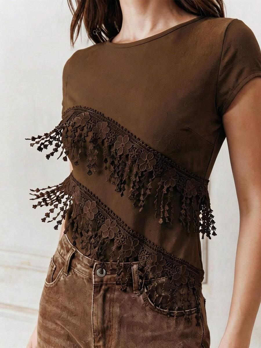 Anewsta Áo thun nữ mùa hè, màu kaki cao cấp với viền ren Guipure, áo thun thời trang đa năng, phong cách thường ngày. - Cà phê nâu - Xem 1
