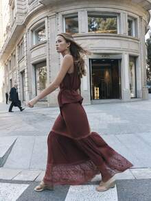 Nöista Wo Pieces Set With A Buttoned Top And Waist Tie.The Long Skirt Includes Lace Trim.Spring, Summer, Formal Event, Every Day Look Coordinated. - Burgundy - View 3