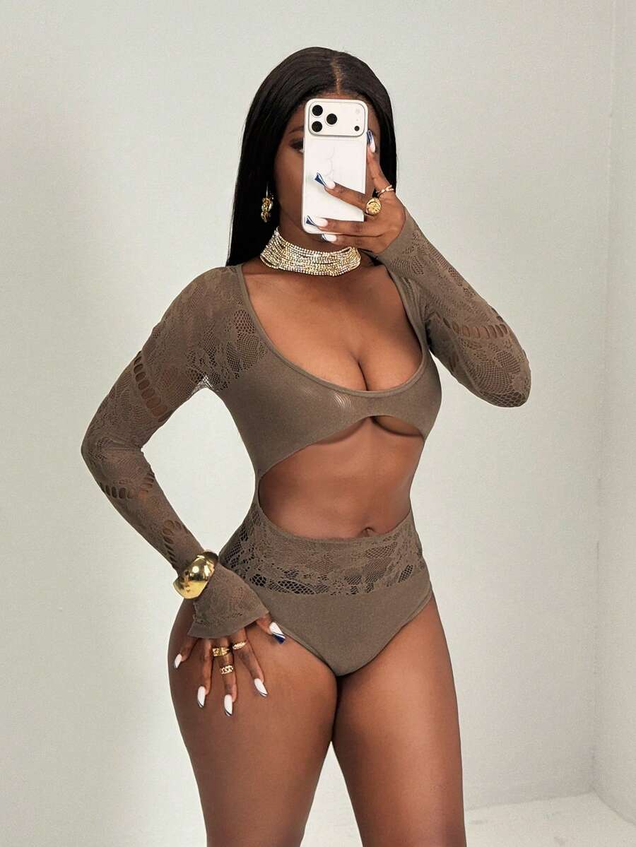 BamGleam 女士蕾丝镂空性感长袖连体衣 - 棕色 - 查看 1