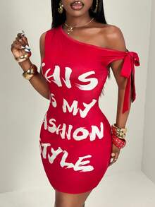 SHEIN BamGlam New Y2k Sexy Slanted Shoulder Strap Wrapped Hip Dress - Red - View 1