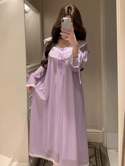 Romantic Lace Patchwork Ruffle Collar Long Women Nightgown, Spring/Summer