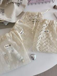 Tulle Lace Embroidery Daisy Drawstring Pouch Travel Cosmetics Organizer Toiletry Bag Multifunctional Storage Pouch - Off-white - View 1