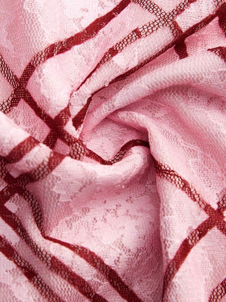 Pale Pink Lace Shirt With Burgundy Check Pattern Long Sleeves Top Spring Summer Pink Top Pink Check Top Pink Plaid Top Elegant Winter Top
