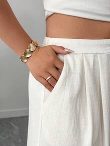 Elenzga Casual Plus Size Plain Long Straight Leg Woven Fabric Textured Pants Apricot With Exquisite Buttons And Comfort Pockets - Apricot - View 5