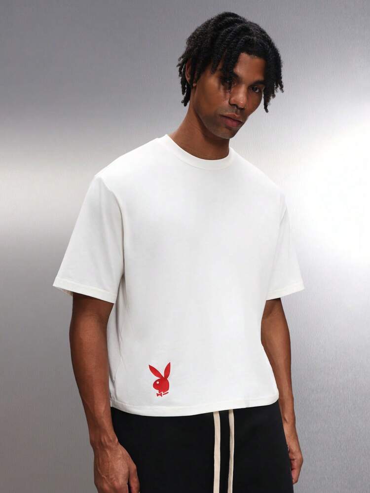 PLAYBOY X SUMWON Men's Boxy Fit Graphic T-Shirt With Juicy By Nature Raspberry Print Short Sleeve Crew Neck Holiday Tee