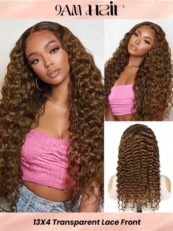 巧克力棕色深波浪13x4蕾丝前假发，真人发，180密度，13x4透明蕾丝前假发，卷曲真人发假发，女士款，预先拔毛，自然发际线，4号棕色