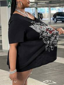 SHEIN CURVE+ Áo thun đen dáng rộng họa tiết đầu lâu Y2K dành cho nữ, thích hợp mặc ngoài trời, phong cách đường phố mùa xuân và hè. - màu đen - Xem 5