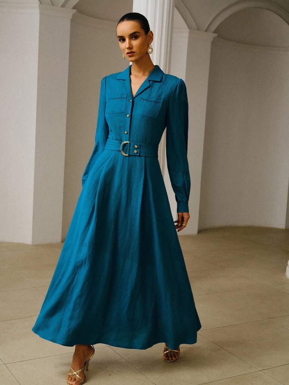 ZEYLAH Linen Cinched Waist Fitted A-Line Dress