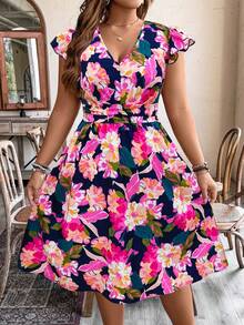 Weeklong Plus Size Women's Floral Print V-Neck Flutter Sleeve Ruched Waist A-Line Dress,Navy Blue,Summer,Boho,Vacation,Holiday,Elegant French Retro Beach Resort - Multicolor - View 1