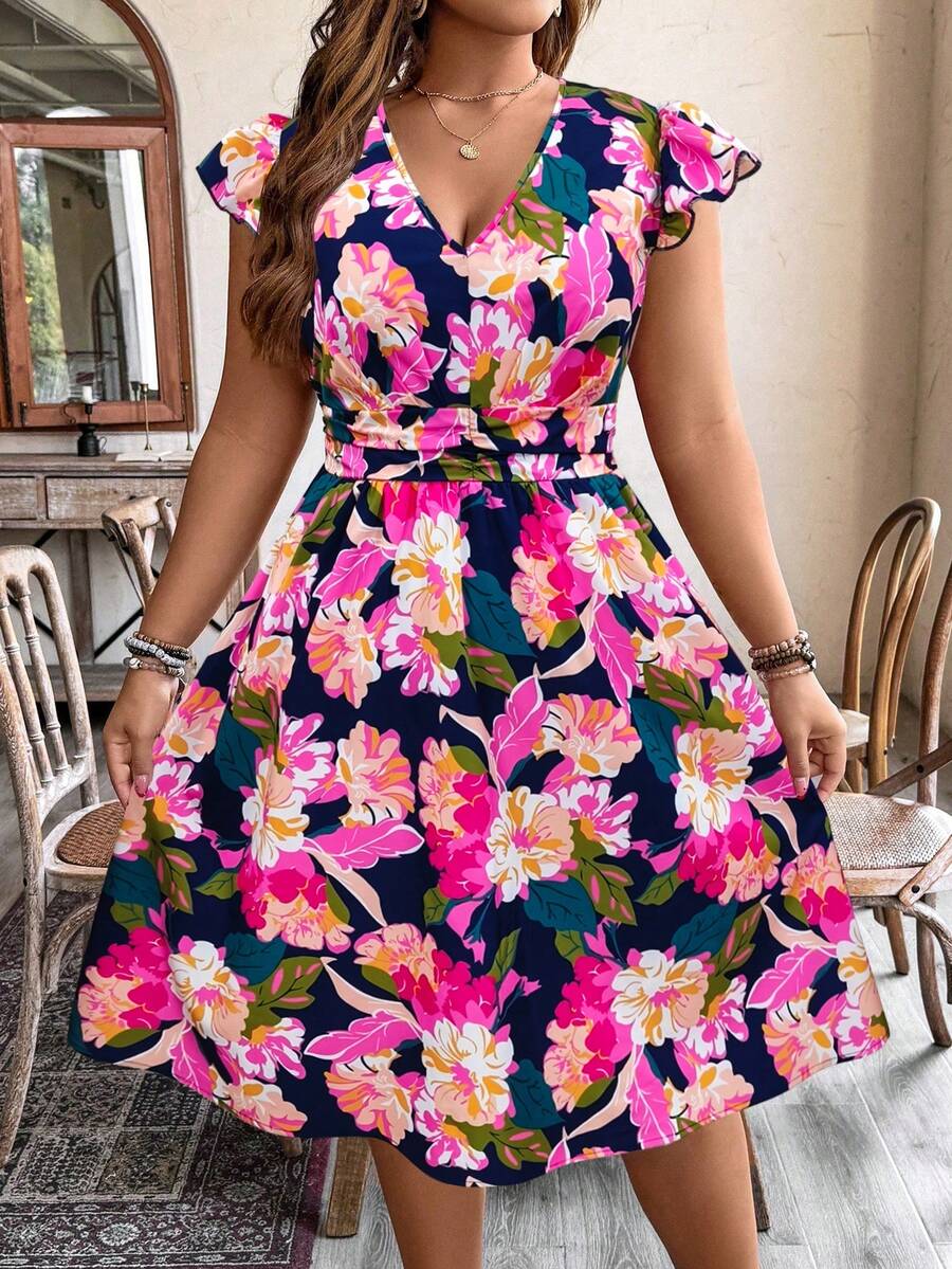 Weeklong Plus Size Women's Floral Print V-Neck Flutter Sleeve Ruched Waist A-Line Dress,Navy Blue,Summer,Boho,Vacation,Holiday,Elegant French Retro Beach Resort - Multicolor - View 1
