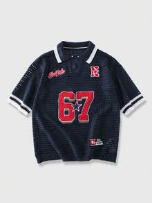 ROMWE MEN Prep Men's Hollow-Out Embroidered Knit Polo Shirt - Navy Blue - View 6