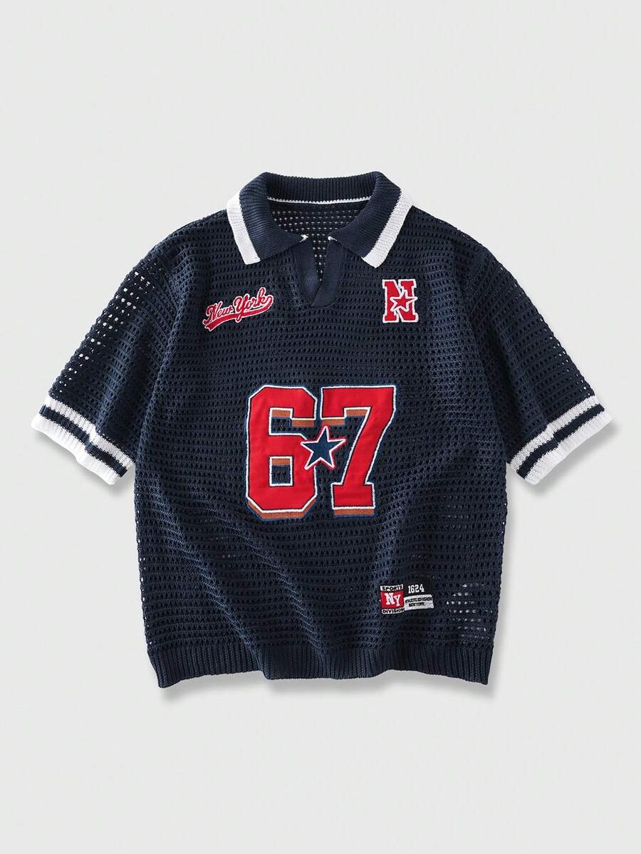 ROMWE MEN Prep 男士镂空刺绣针织Polo衫 - 藏蓝色 - 查看 1