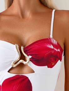 Bonvoyette Bộ đồ bơi liền thân tối giản cho nữ mùa hè, nền trắng, họa tiết hoa đỏ, gợi cảm, trang trí kim loại khoét rỗng, thích hợp đi biển. - Đỏ và trắng - Xem 8