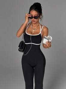 SHEIN Sports 女款黑白拼接細肩帶露背喇叭褲連身褲，夏季性感健身瑜伽皮拉提斯運動收腹套裝 - 黑色 - 查看 4